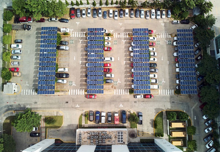 Parking lot in front of an industrial building